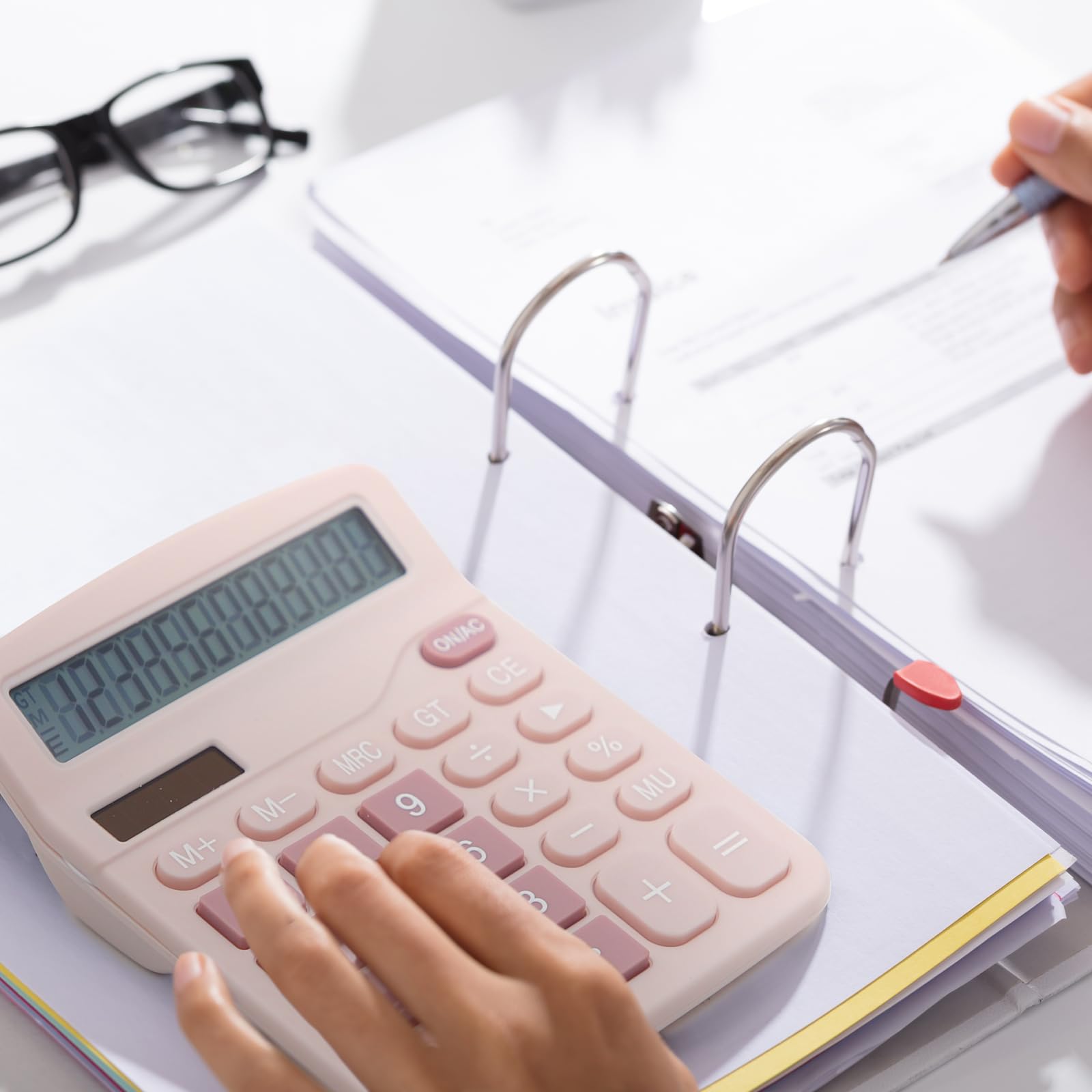 OFFIDIX Calculatrice de bureau à fonction standard double puissance calculatrice électronique 12 chiffres grand écran LCD (rose)