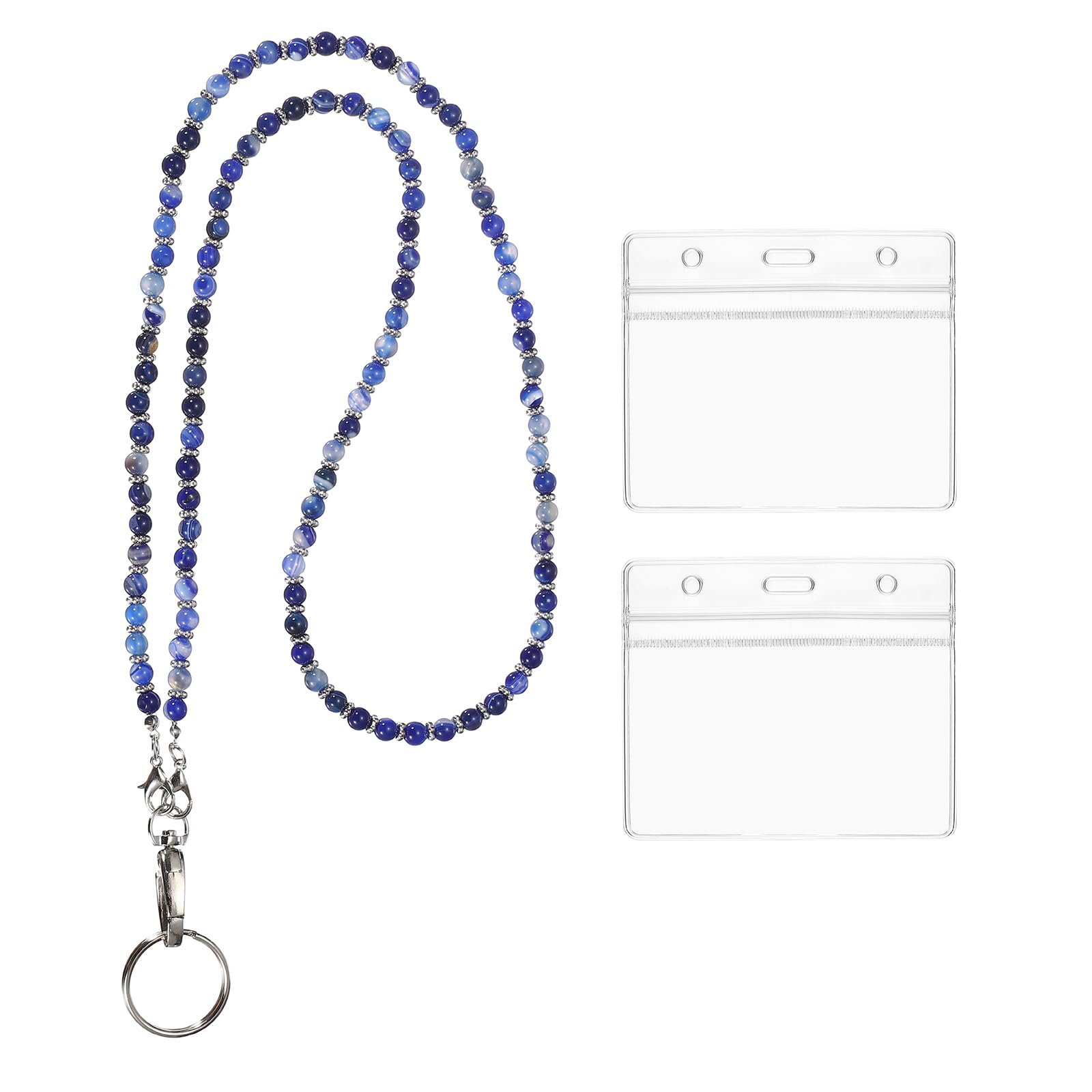 PATIKIL Beaded Lanyards for ID Badges, Cute Gemstone Beaded Keychain Necklace Lanyard with 2 Horizontal Badge Holders for Women Teacher Gift Keys Chain Cards, Blue