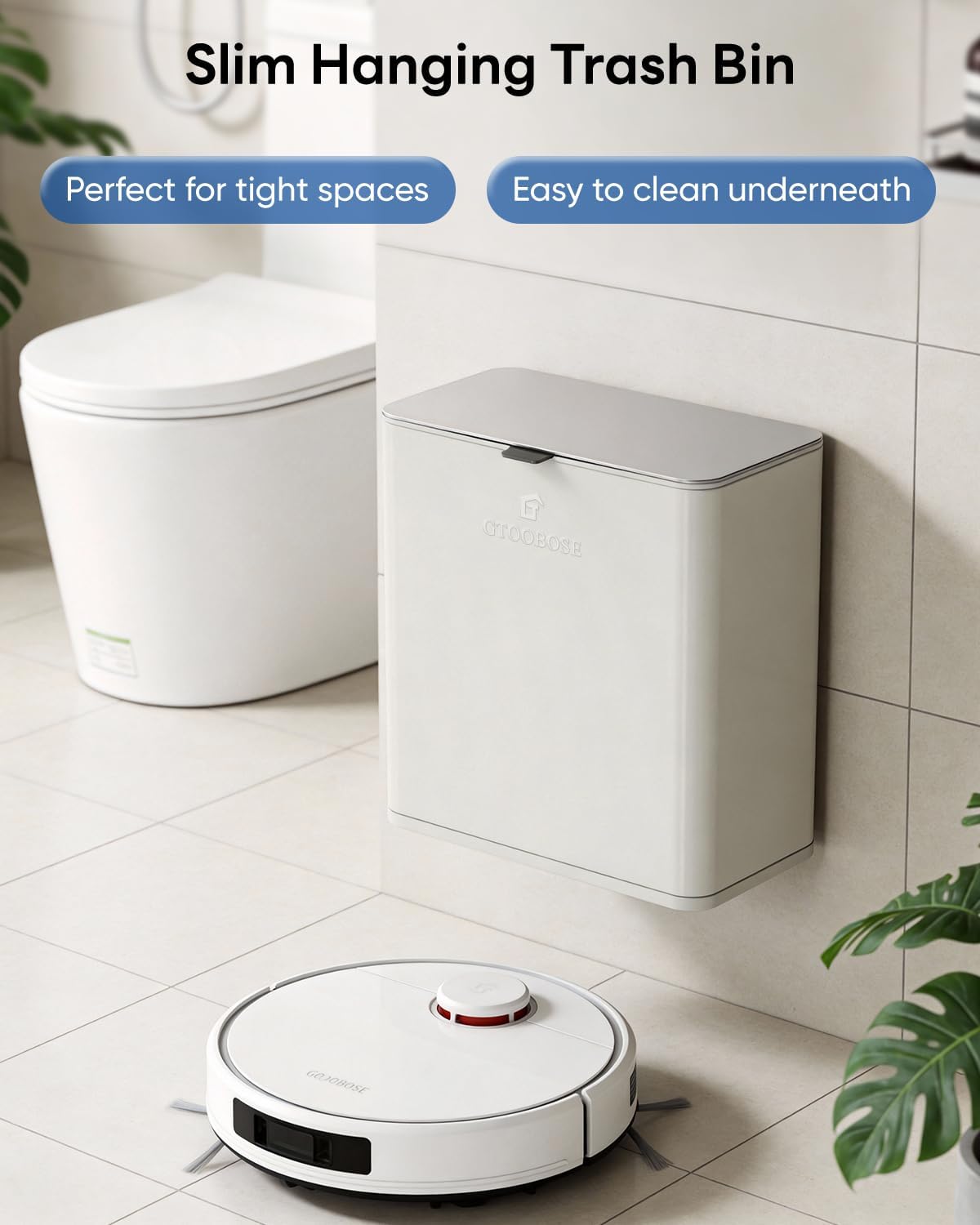 Kitchen Compost Bin, 8L/2.1G Small Trash Can with Lid, Slim Stainless Steel Hanging Garbage Bin for Kitchen, Bathroom, Bedroom, Office, Wall Mounted Compost Bin with Inner Bucket, White
