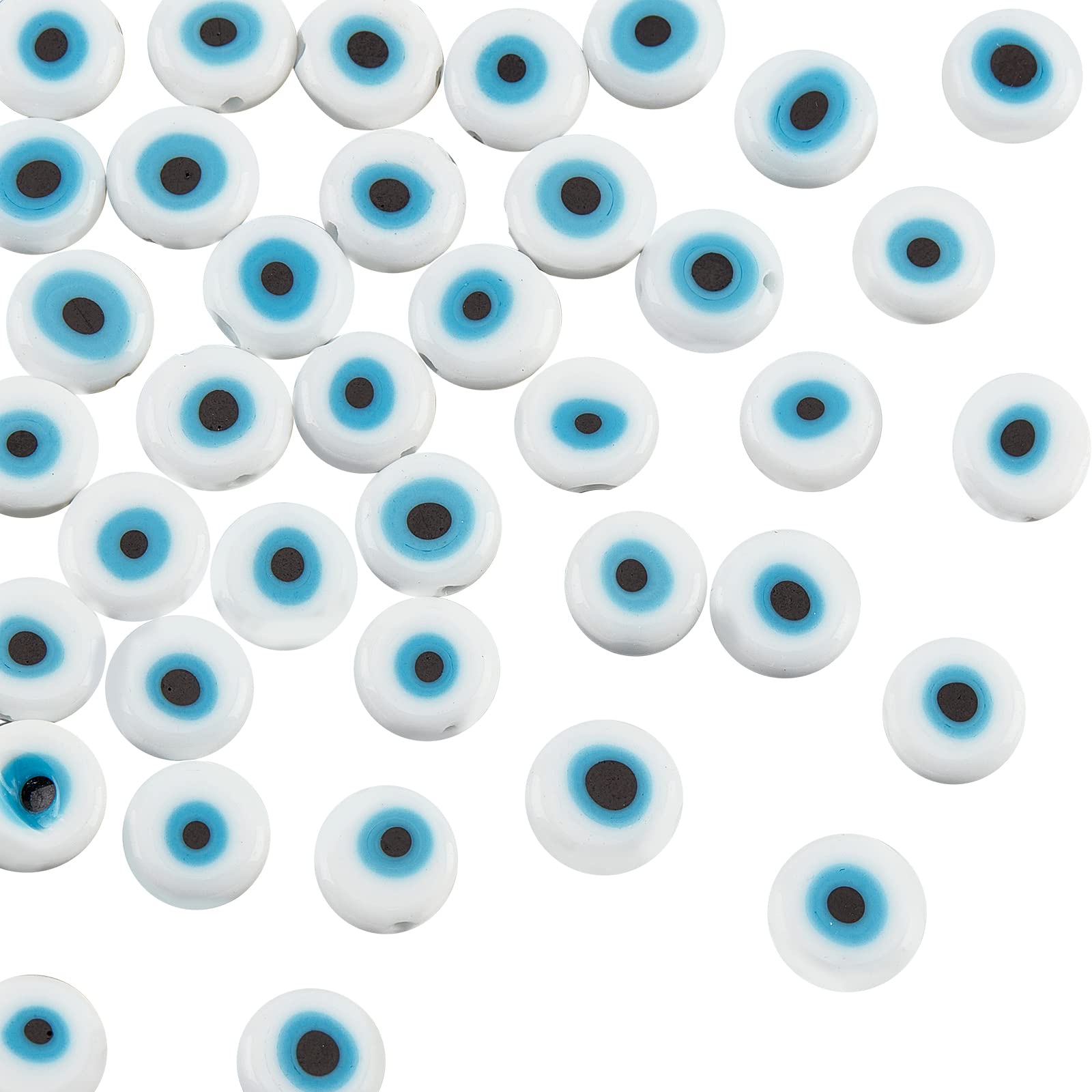 NBEADS 38 Pcs White Glass Evil Eye Beads, 1 Strand Handmade 10mm Flat Round Lampwork Charms for Jewelry, White-flat Round