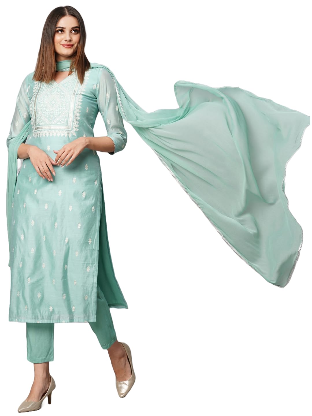 Women's Cotton Blend Straight Printed Kurta with Pant & Dupatta-image-38