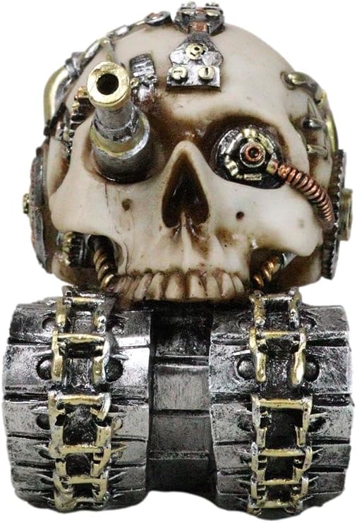 Ebros Gift Military War Steampunk Android Gearwork Robotic Cyborg Skull Tank Figurine Sci Fi Clockwork Gear Skull Cranium Design Skeleton