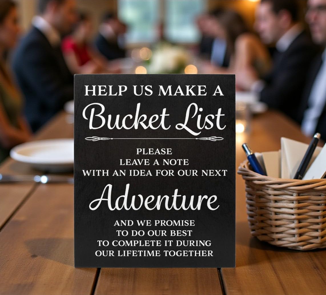 JennyGems Bucket List Wedding Sign, Reception Decor, Table Decorations, 10 x 12 Wooden Black Sign
