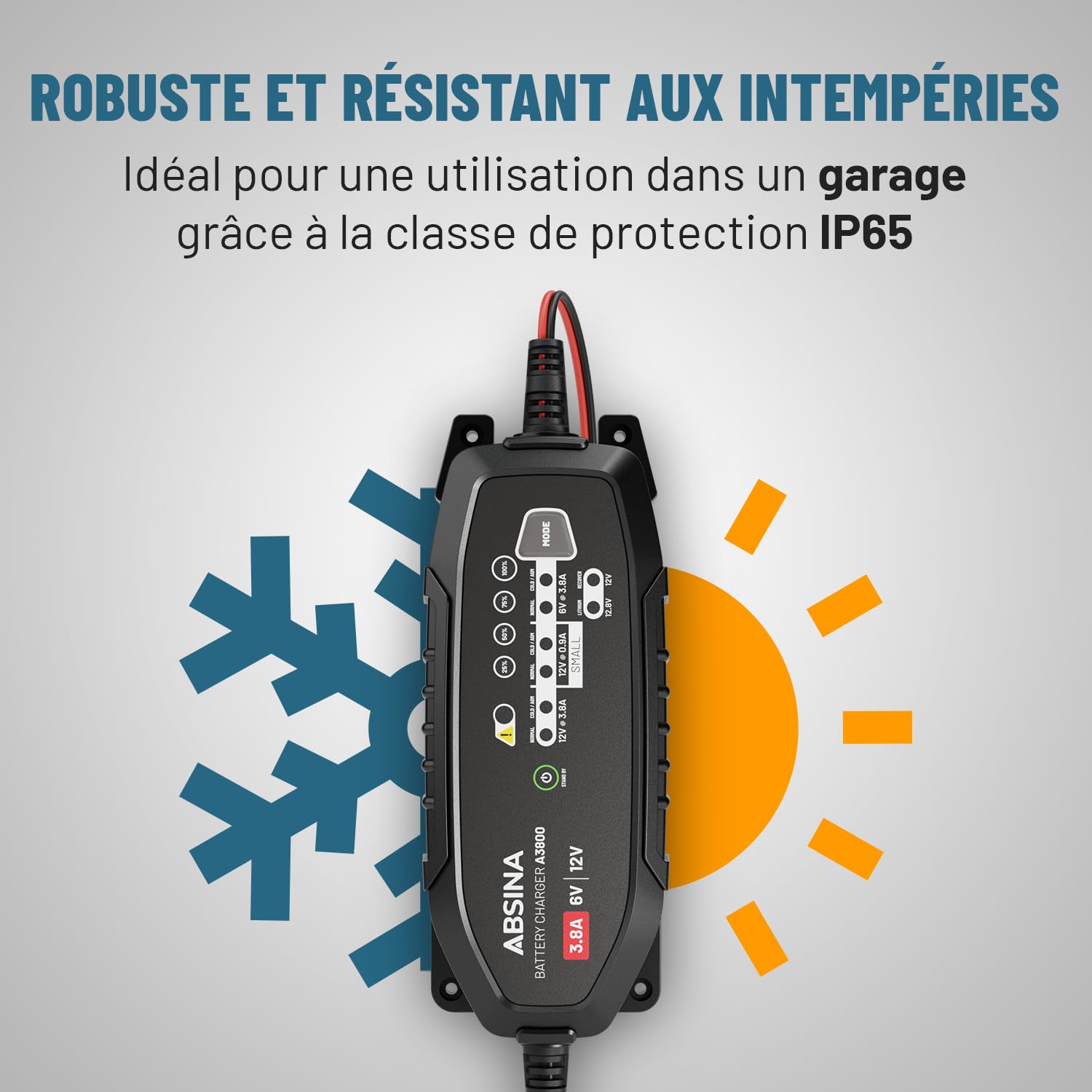 Chargeur Batterie Voiture ABSINA 12V 4A Automatique - Pour Plomb, Gel, AGM Jusqu'à 120Ah