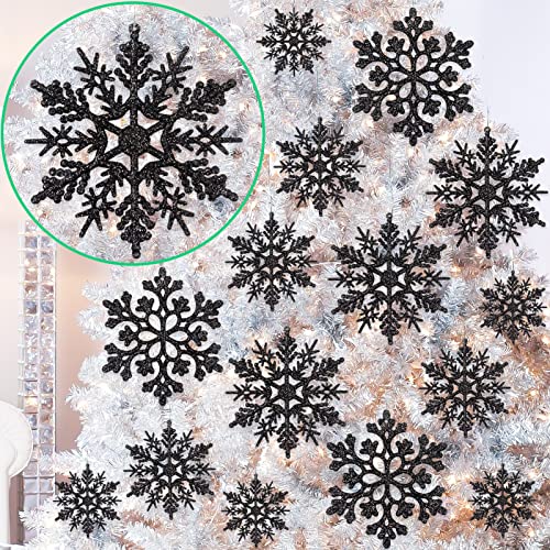 Image of 36pcs Black Christmas Snowflake Ornaments, Plastic Glitter Hanging Snow Flakes for Christmas Tree Decorations Winter Wonderland Frozen Birthday Party Holiday Home Decor Craft Snowflakes