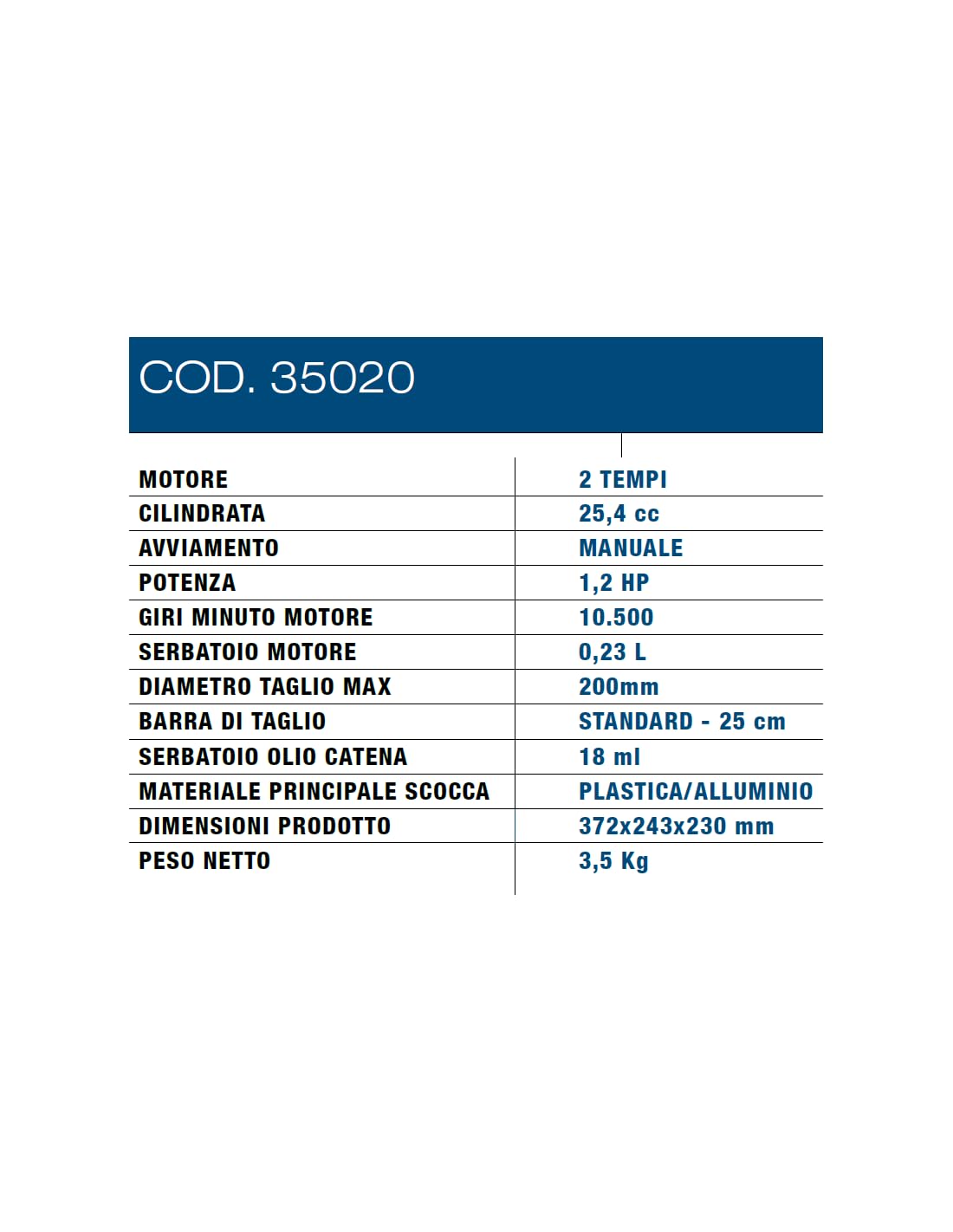 Motosega da Potatura Hyundai Cod. 35020 2 Tempi 25,4 cc 1,2 hp 900 w Taglio 25 cm