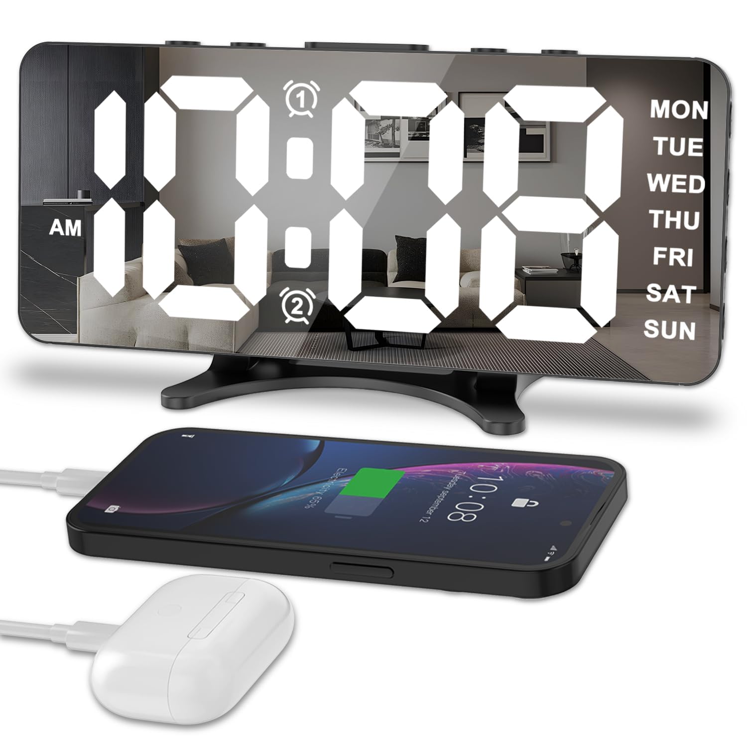 Reloj despertador digital para dormitorios, alarmas duales, puerto de carga USB, volumen y brillo ajustables, atenuación automática, decoración de sala de estar, súper fuerte, negro