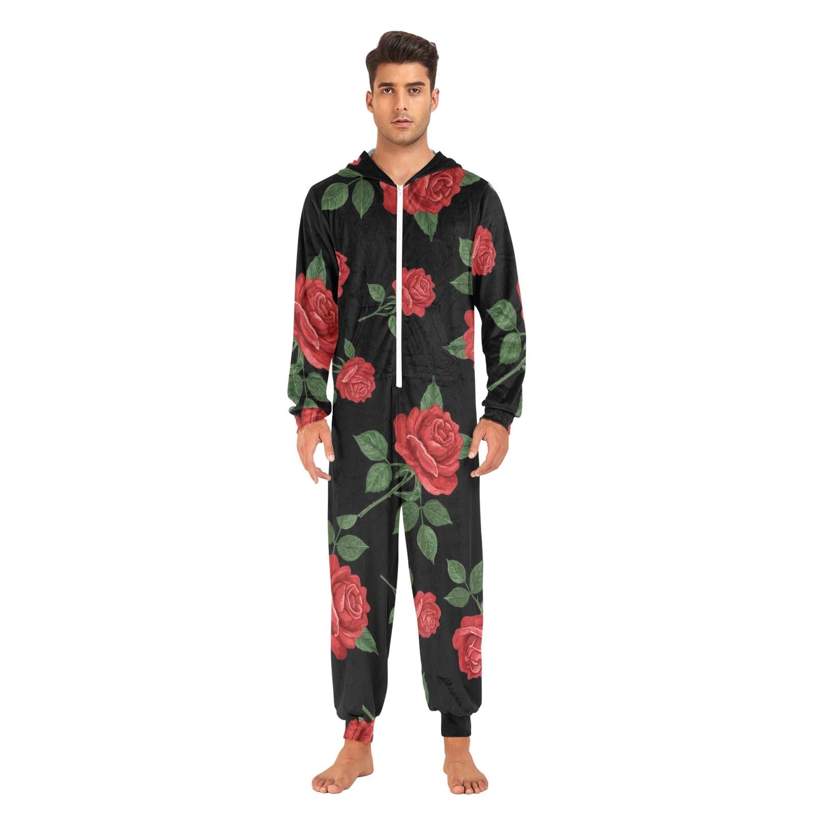Red Roses Black Adult Onesie Pigiama, Morbido Cristallo Pile Unisex Tuta, Cerniera Frontale Natale Sleepwear