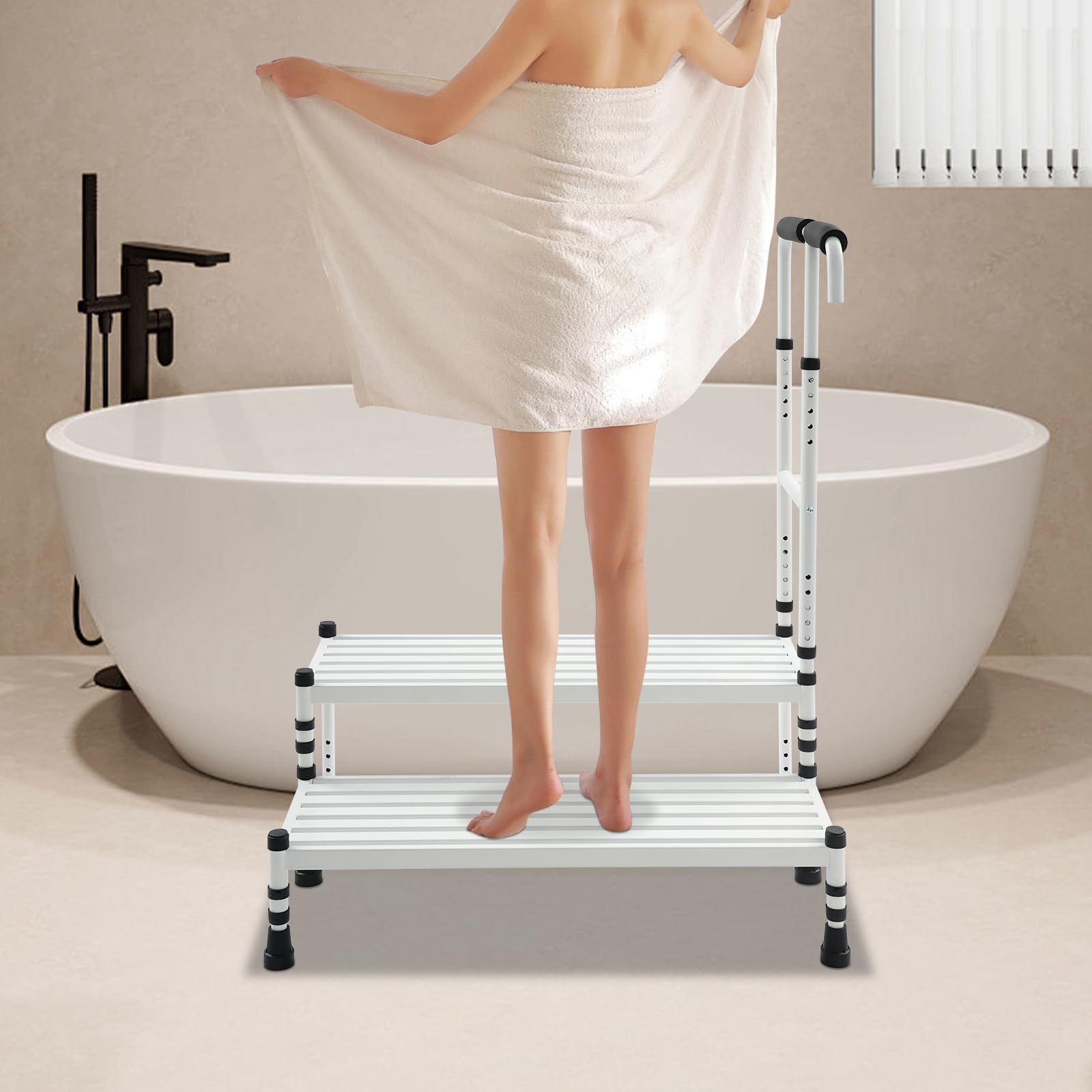 Scalino per vasca da bagno con maniglia, 2 gradini, sicuro per anziani e disabili, sgabello antiscivolo e gradino per letti alti, cucina, comodino e auto