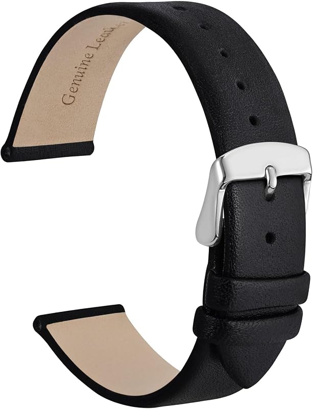 WOCCI 18mm Lug Width, Elegant Watch Band, Genuine Leather Replacement Strap with Silver Buckle (Black)