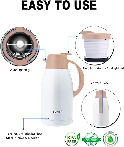 Miniatura 20 de GiNT Jarra térmica de café de acero inoxidable, dispensador de agua y bebidas al vacío de doble pared, retención de calor de 12 horas, 65 onzas/1.9