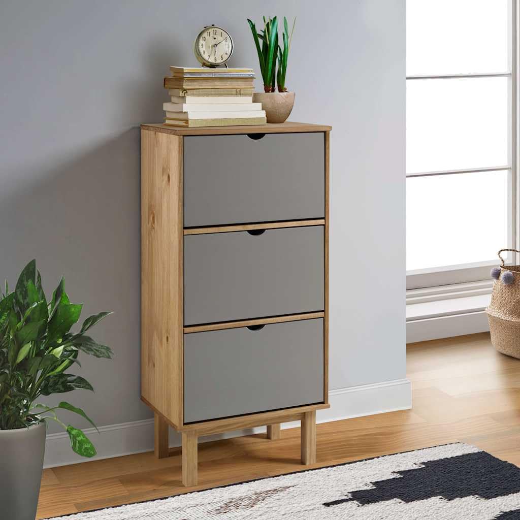 vidaXL Scandinavian Brown&Gray Shoe Cabinet - Solid Pine Wood with Sturdy Frame - OTTA Model with 3 Flip-Drawers - Additional Display Space on Top