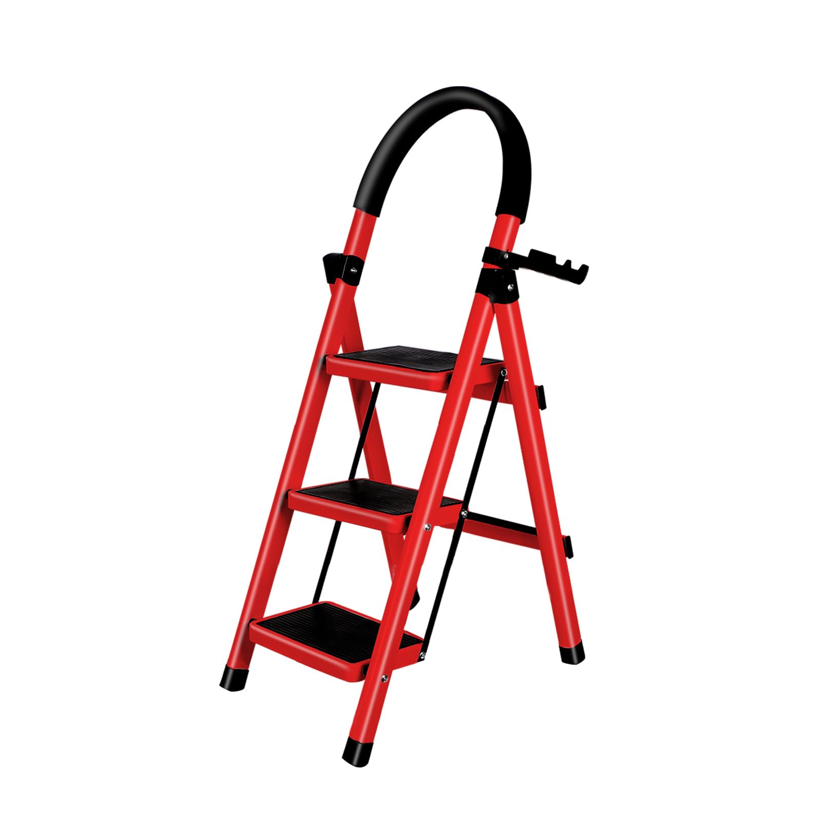 Escabeau Ménager 3 Marches en Aluminium avec Mains Courantes 150 KG Escabeau en Aluminium Echelle Multifonctions pour Maison et Bureau-104 x 57 x 41,5 cm - 3 marches (Rouge)
