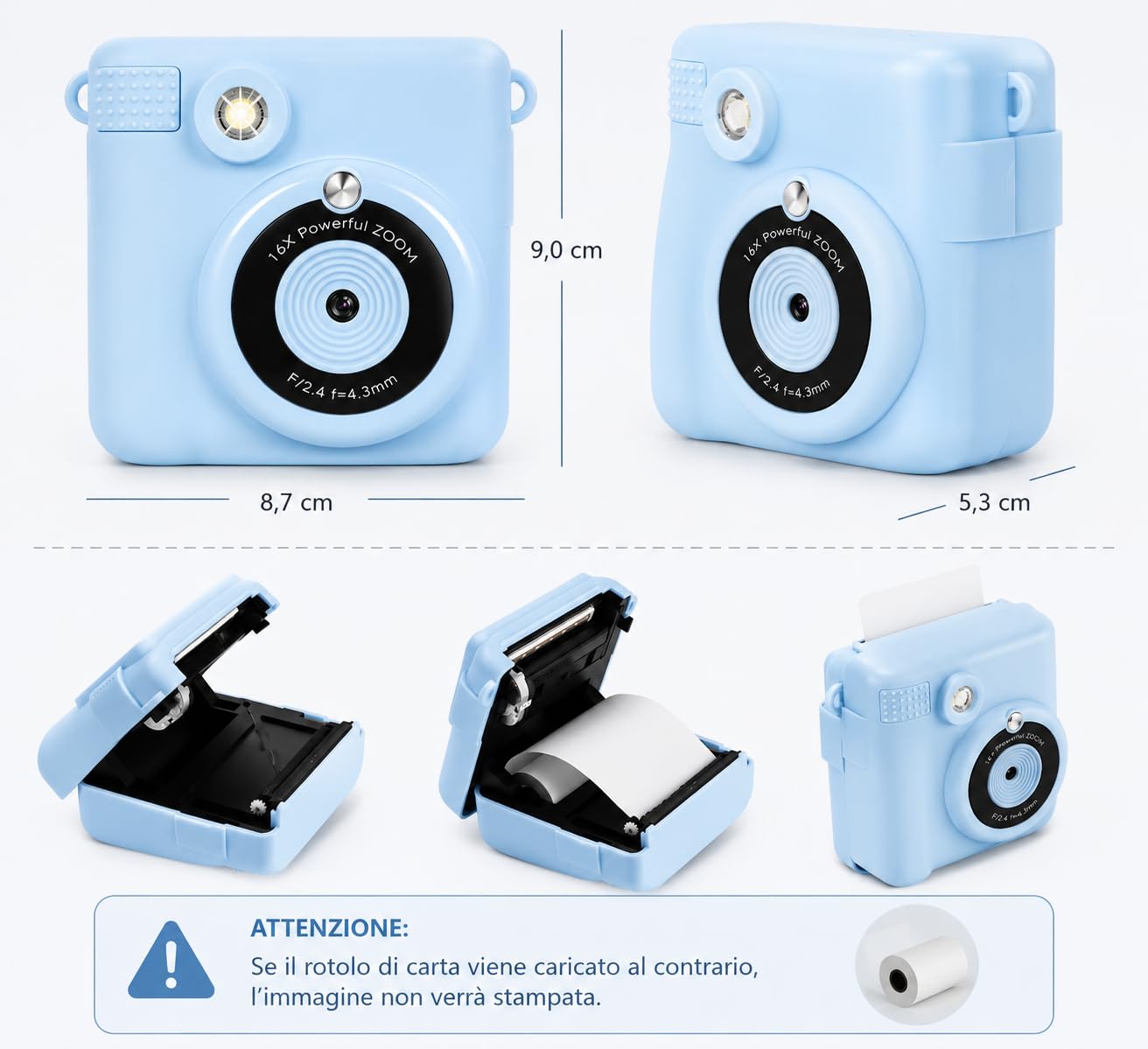 Fotocamera Istantanea Digitale per Bambini con Stampa Termica con 3 ROTOLI piu di 150 Foto, Registra i Video, Modalità MP3, Playback Multimediale e Giochi Integrati (Azzurro)