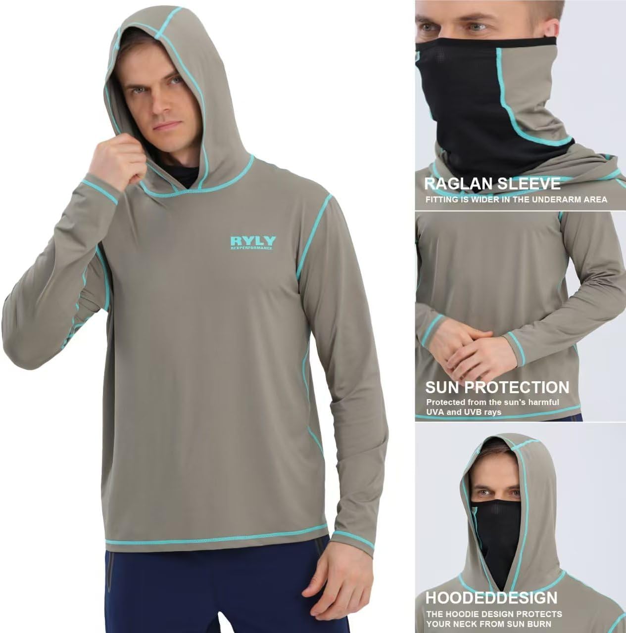 Mens Fishing Shirts,Long Sleeve Rash Guard Hooded Shirt with Mask UPF 50+ Sun Protection Hoodies Hiking Shirts(M) Army Green - Image 4