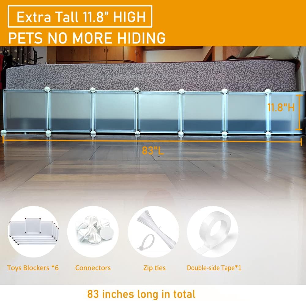 Under Bed Blocker for Pets, Gap Bumper for Under Bed, Stop Things Going Under Bed or Sofa Couch, Toys Blocker for Cats Dogs, Easy to Install, Total 11.8" Height 83" Length, White 11.8" Height 83" Length in Total White