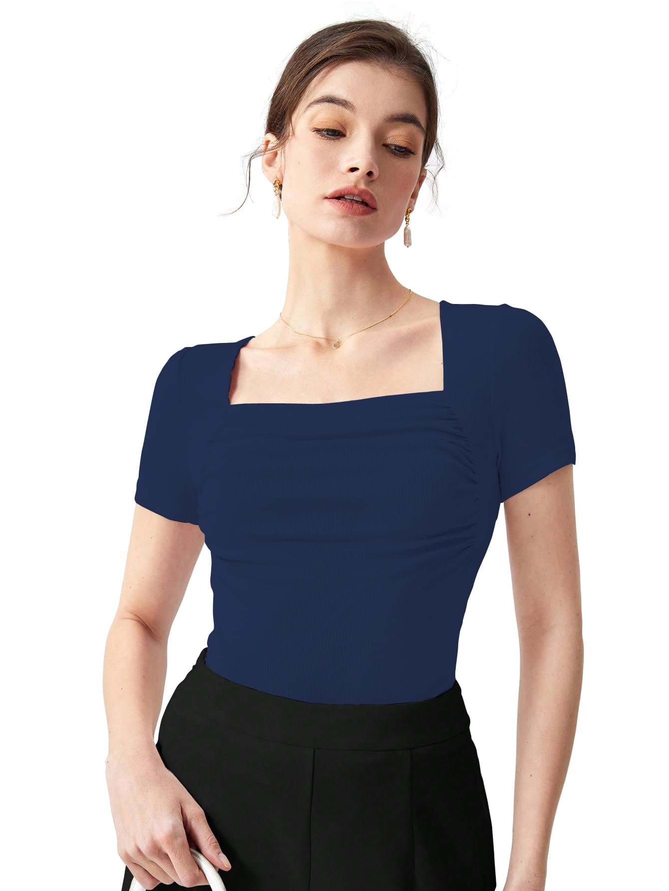 shasmi Women's & Girl's Polyester Summer Square Neck Solid Color Ruched Tee Workwear Pleated Casual Regular Fit T-Shirt-picture-28