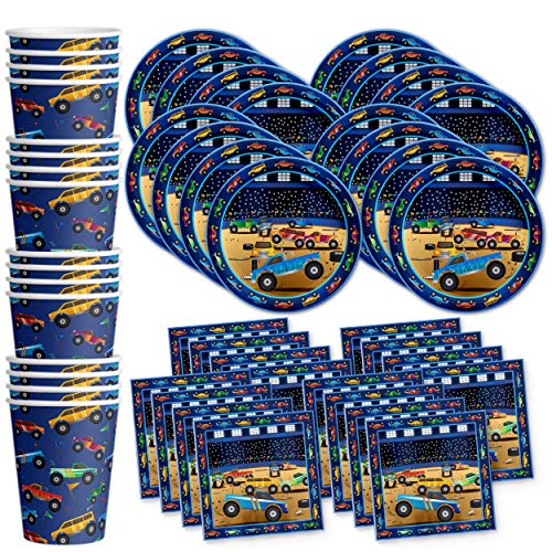 Monster Truck Birthday Party Supplies - Truck Party Supplies - Birthday Party for Boy - Truck Pulls Party Supplies | Tableware Set Includes Plates, Napkins and Cups | Kit for 16