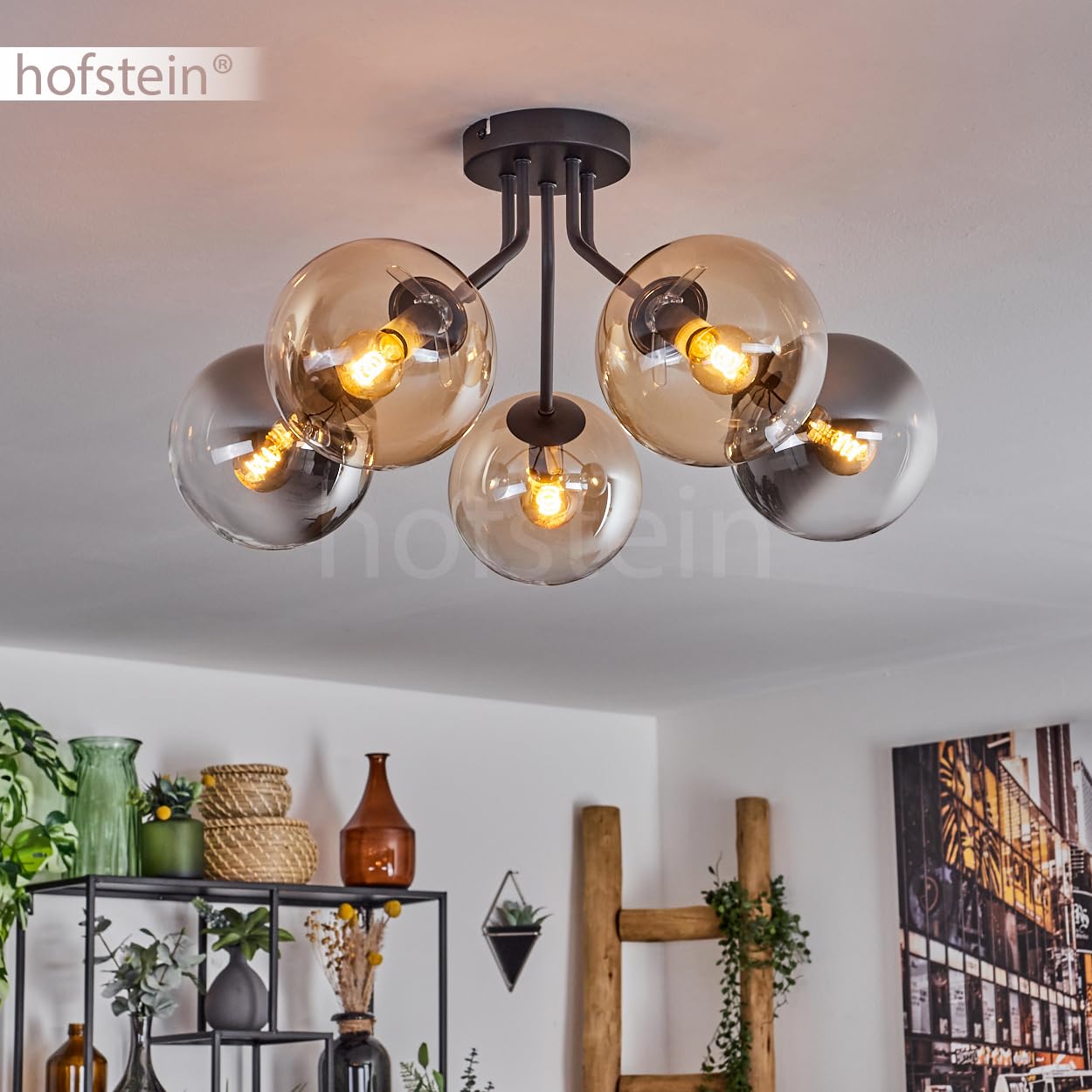Plafoniera Gastor, lampada da soffitto in metallo/vetro nero/ambra/trasparente/fumo/trasparente, design retrò/vintage con ombrelli in vetro (Ø 15 cm), 5 lampadine E27, senza lampadina