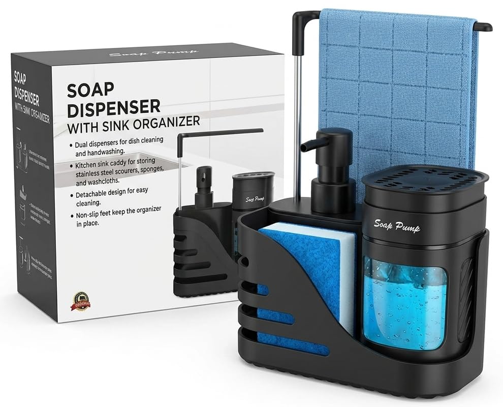 Bingobang 4-in-1 Soap Dispenser with Sponge Holder & Dishcloth Hanger Black