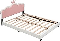 Vista 53 de Elegante cama de princesa tapizada de tamaño individual con cabecera corona, plataforma de piel sintética con soporte resistente de listones