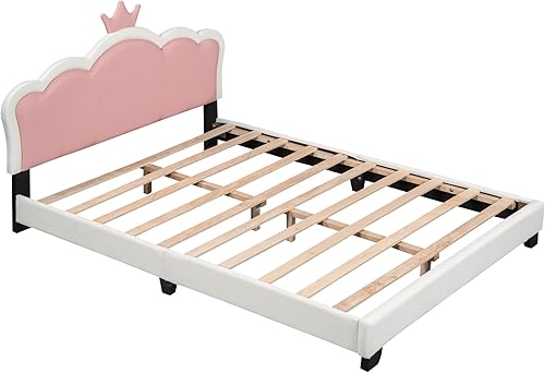 Miniatura 53 de Elegante cama de princesa tapizada de tamaño matrimonial con cabecera corona, plataforma de piel sintética con soporte resistente de listones para
