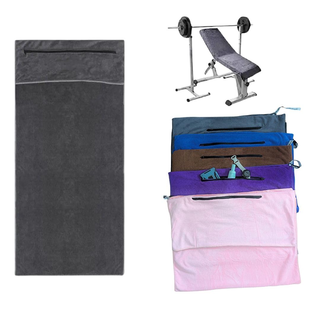 Angelica & Co Toalla de gimnasio de microfibra de secado rápido con bolsillo para teléfono, cremallera, fitness, pilates, funda para esterilla de yoga, cubierta de banco, camping, azul, L