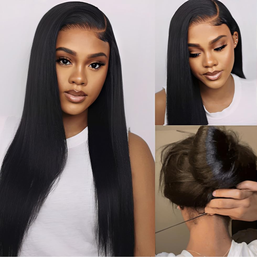 UNICE Bye Bye Knots Light Yaki Straight Glueless Wig Human Hair with Drawstring 7x5 Pre Cut HD Lace Front Wigs Pre Plucked Bleached Knots Pre
