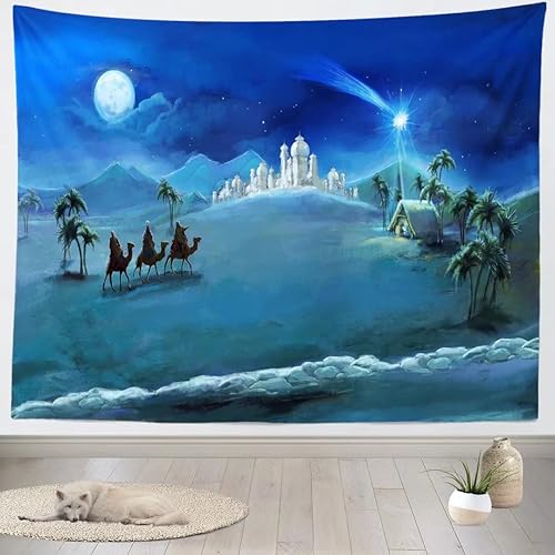 Miniatura 2 de BELECO Tapiz de noche de Navidad para colgar en la pared, tapiz de nacimiento de Jesús, tapiz de desierto, camello del desierto, palacio, castillo,