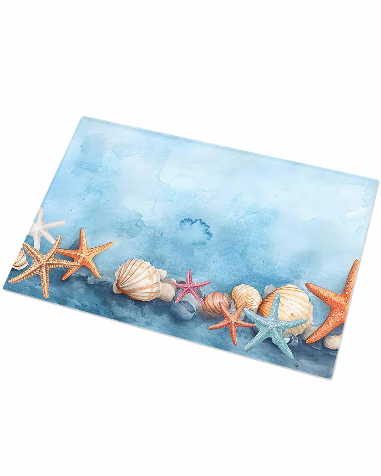 Indoor Doormat Watercolor Ocean Starfish Shell,Shaggy Floor Mat with Non-Skid Backing Marine Life on Light Blue,Machine Washable Plush Area Rug Carpets for Kitchen Nursery Bedroom