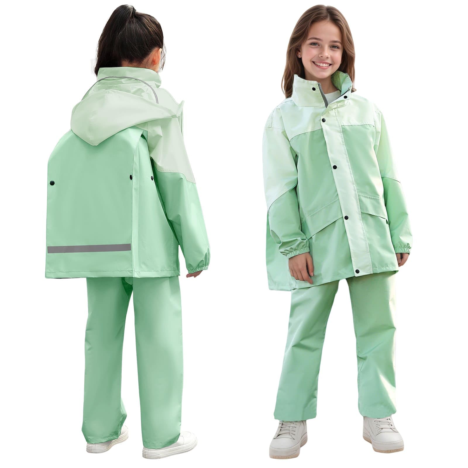 JinBei Traje Impermeable Niños, Chubasquero con Capucha Niña 2 Piezas Ligero Impermeables Chaqueta y Pantalones Reflectante Conjunto Ropa de lluvia Unisex para Escuela Senderismo 8-14 años