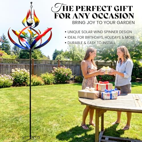 Image of 107 inch Large Solar Wind Spinner Outdoor Metal - 3-Tier Kinetic Wind Sculptures with LED Glass Ball Light, Multi-Color Tulip Windmills for Yard Garden Decor, Patio Porch Lawn Ornament Gardening Gifts