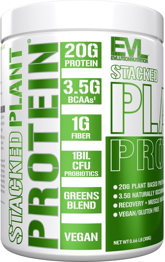 Evlution Nutrition Stacked Plant Protein Powder, Vegan, Non-GMO, Gluten-Free, Probiotics, BCAAs, Fiber, Plant-Based Protein Complex, 300G (Natural Vanilla)