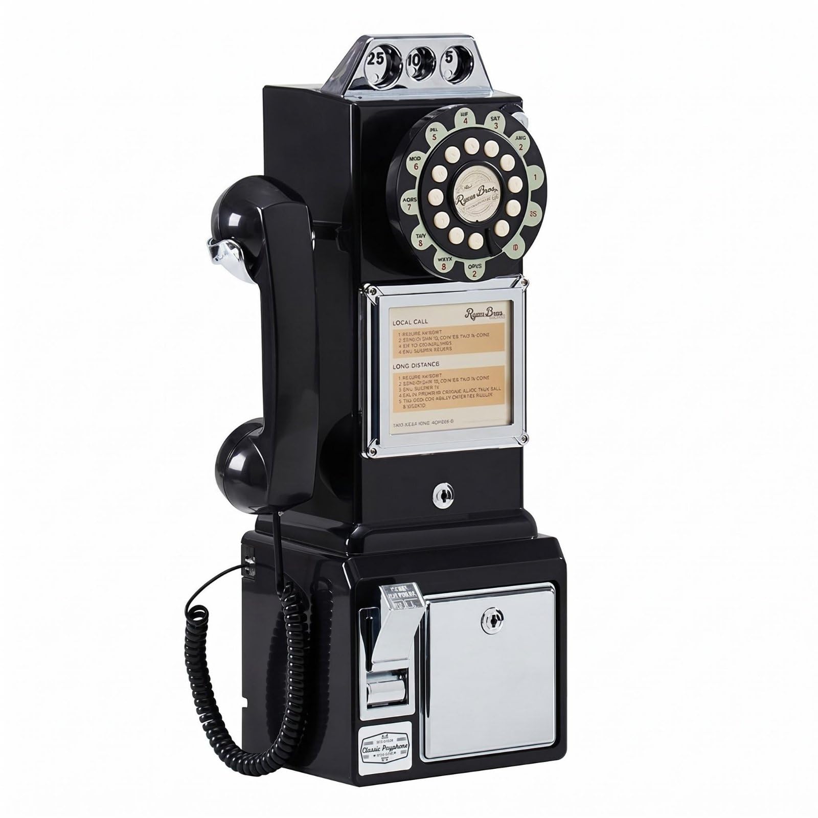 Chrome Trim Coin Telephone Glossy Finish Rotary Knob Payphone Lockable Door Retro Payphone Decorative, Black, Landline-image-11