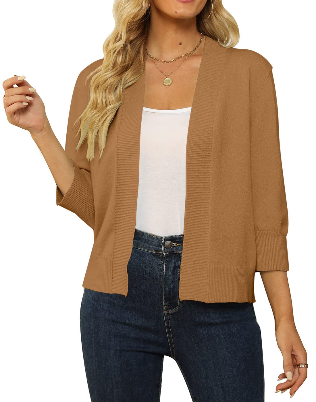 Women's 3/4 Sleeve Cropped Cardigan Sweater Open Front Short Shrugs Cardigans Lightweight Sweaters