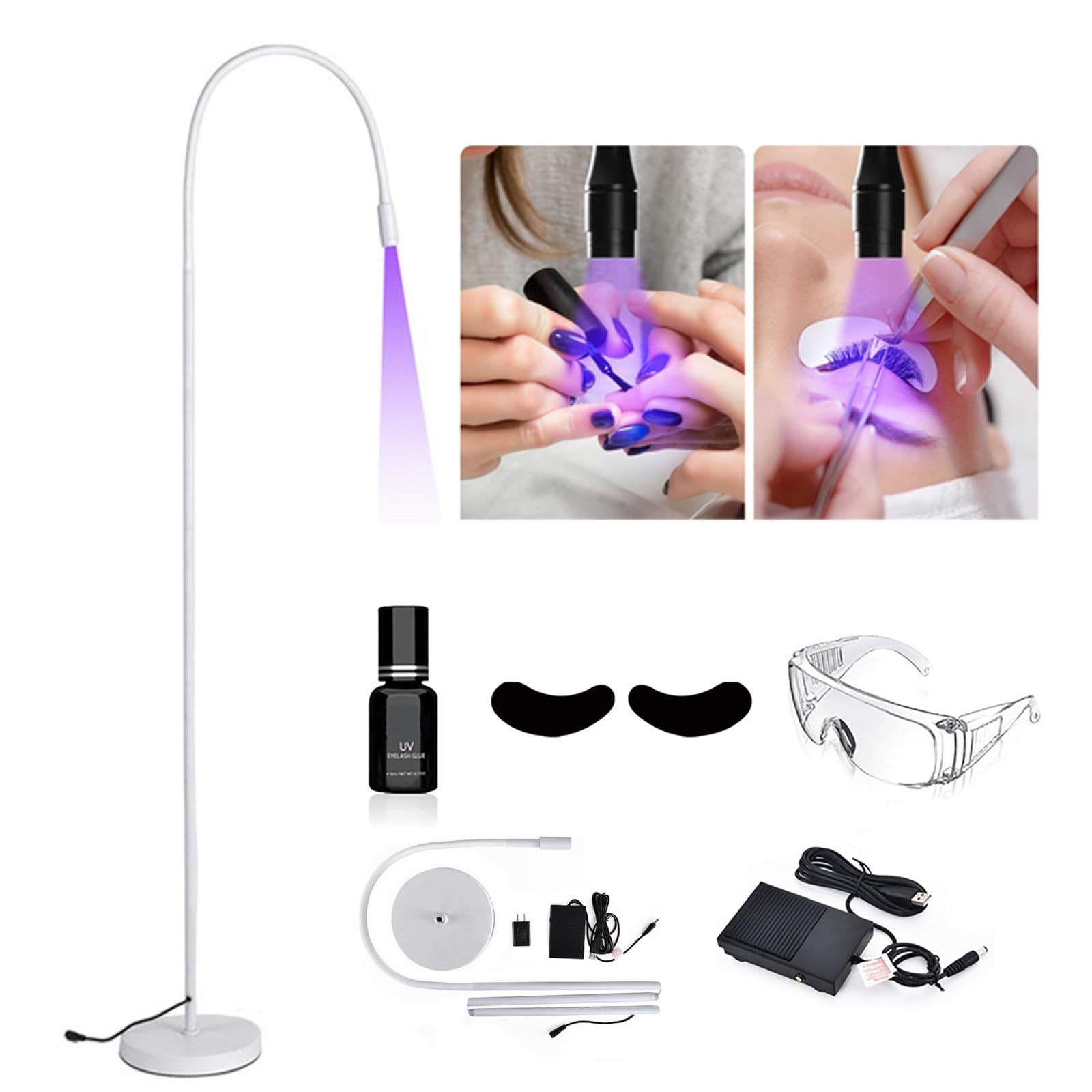 Sistema de extensión de pestañas con luz LED UV de 5 W, lámpara de pegamento UV con control de pedal de pie, altura de 110 cm, 395-400 nm, pegamento curado en 1-3 segundos, lámpara de curado con