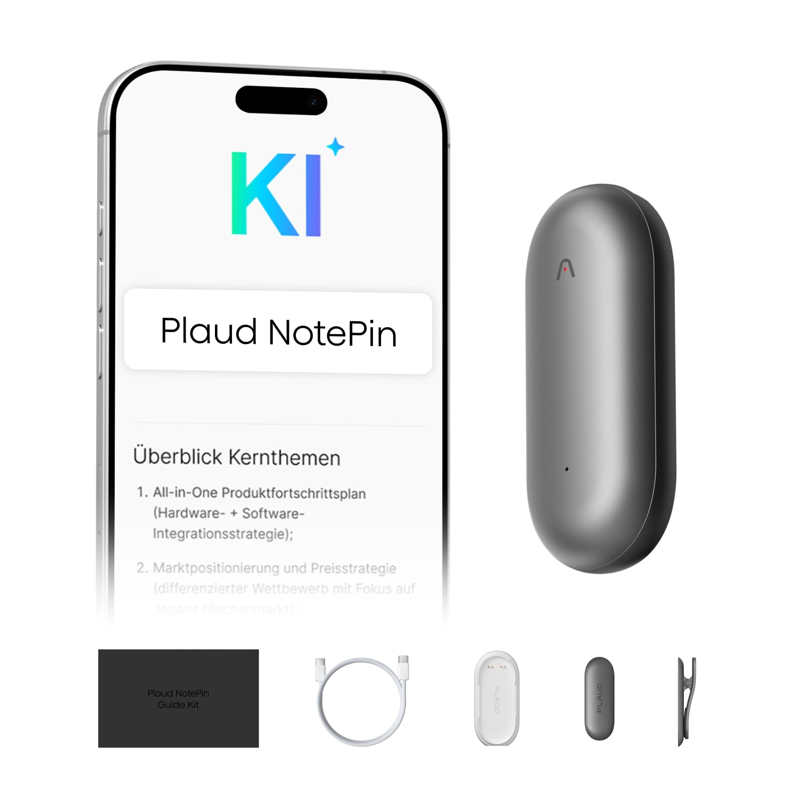 Plaud NotePin Sprachrekorder, KI-Sprachrekorder, Profis & Teams, KI-Notizgerät, KI-Transkription & Zusammenfassung, 112 Sprachen, Audiorekorder für Vorlesungen, Meetings, Kosmisches Grau