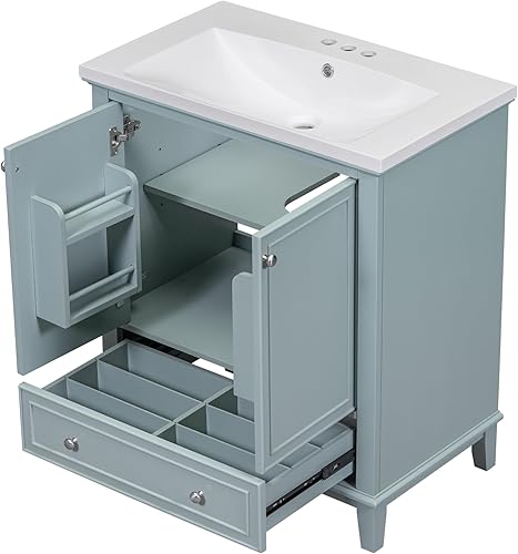 Miniatura 8 de LUMISOL Armario de baño de 30 pulgadas con lavabo, armario de baño de madera maciza con un cajón y 2 puertas de almacenamiento, organizadores