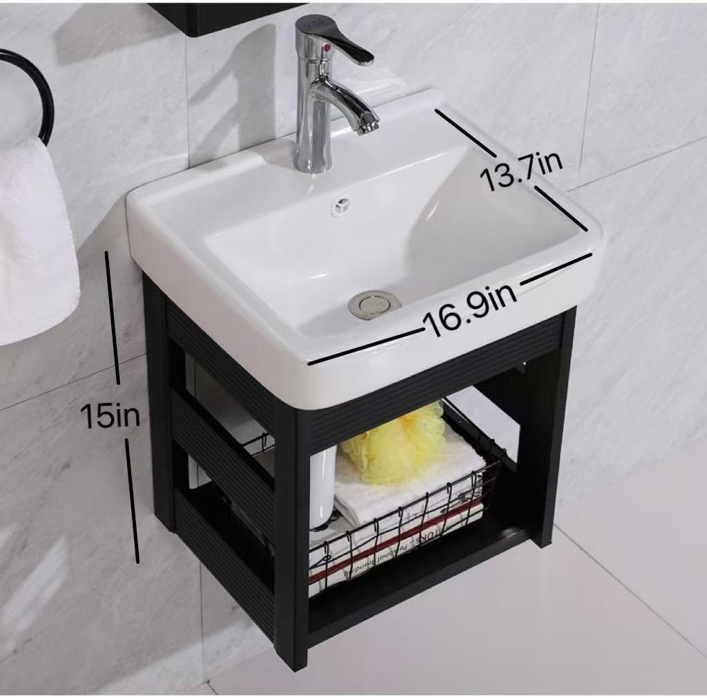 16.9" Wall Mounted Bathroom Sink Combo, Small White Ceramic Vessel Sink with Black Frame, Floating Vanity Sink with Chrome Faucet & Open Storage Shelf, for Cloakroom, RV, Laundry Room