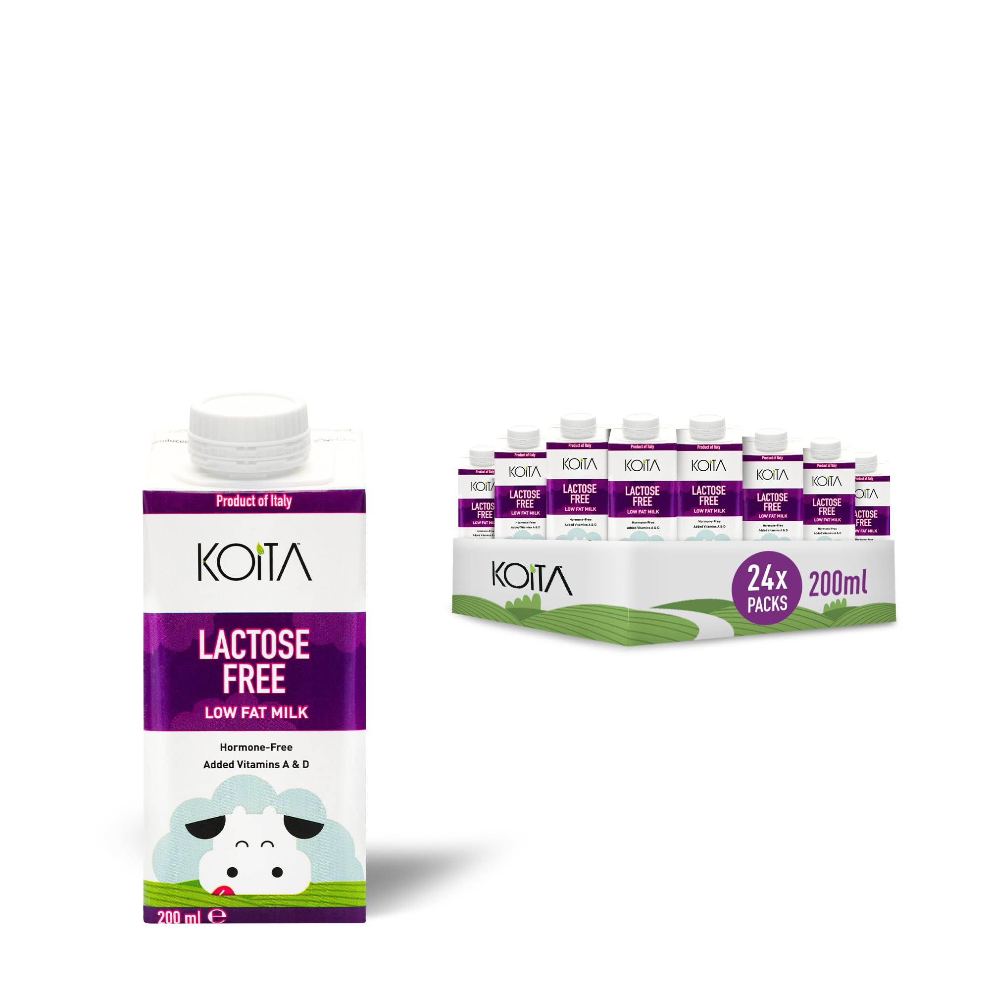 Koita Lactose-Free Low Fat Milk (200ML, 24-Pack) - No Added Hormones, Easy To Digest, Vitamin Enriched, Made In Italy