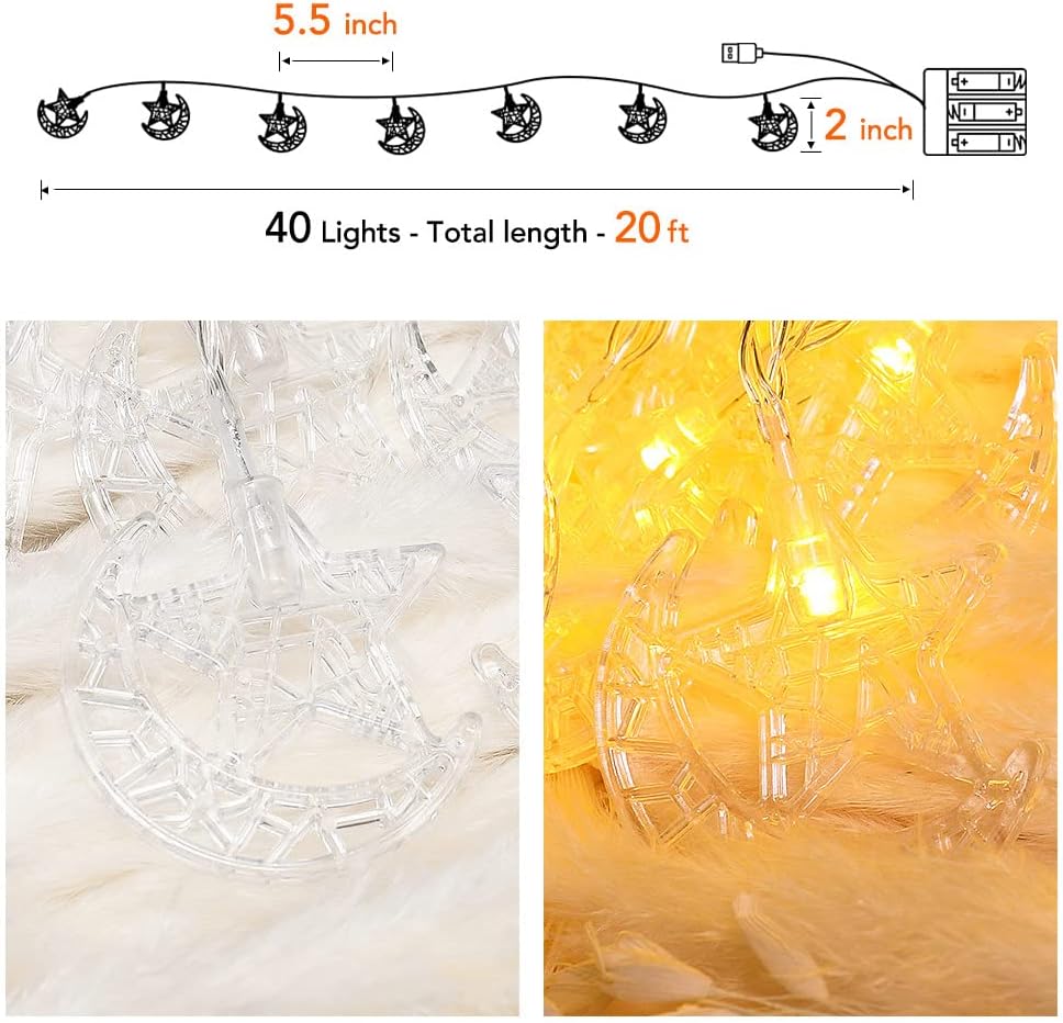 AceList 40 LED Moon String Lights, Fairy Lights Ramadan Decorations for Home, Waterproof Battery Powered, Extendable for Outdoor, Indoor, Party, Tree, Garden, Eid, Islamic Wall Decor