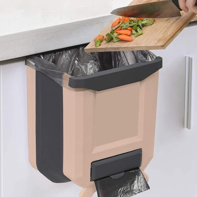 HUAPPNIO Kitchen Bin Plastic Folding Wall Mounted for Cupboard Door Hanging Trash Can 8L (Beige)