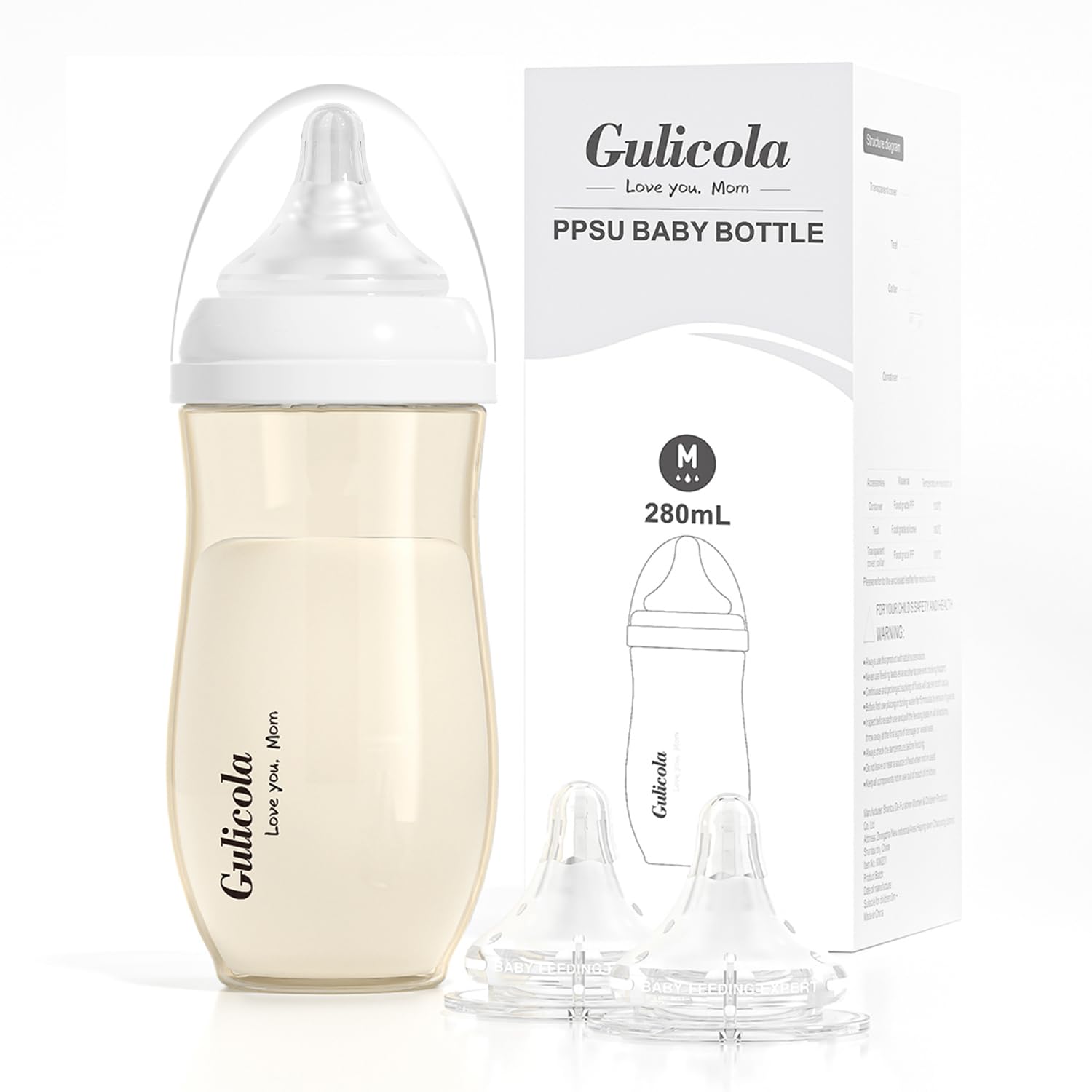 Gulicola5 Months+ Breastfeeding Baby Bottle with Medium Flow Nipples, Anti Colic, BPA Free PPSU, 9 oz - Clear