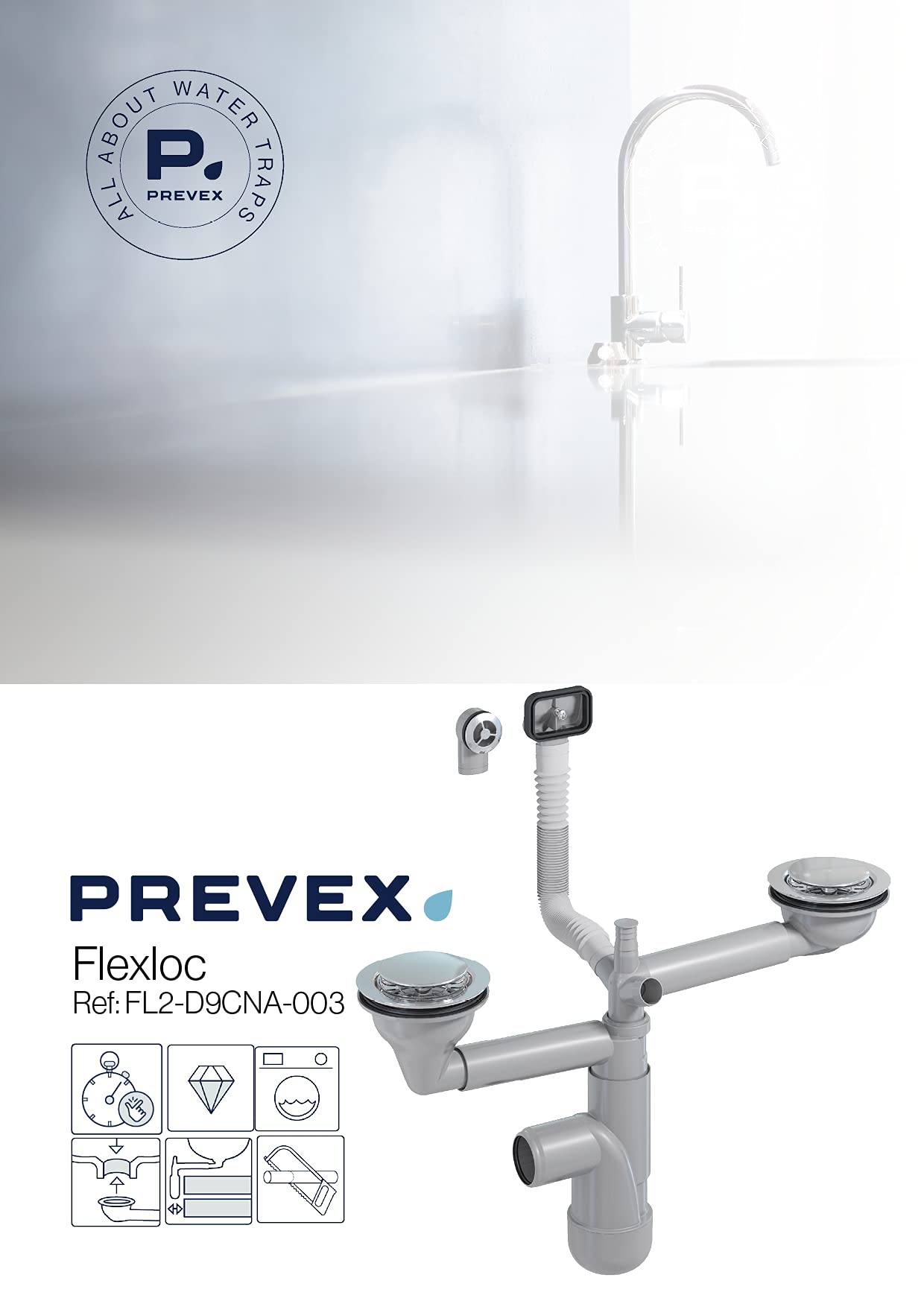 PREVEX Flexloc Siphon, platzsparend, universal, komplett mit 1,5 oder 2 Becken inkl. Ablaufgarnitur, Magnetabdeckung und 2 Überläufen für Küchenspülen/Spülbecken | aus recyceltem Kunststoff | komplett mit 1,5 oder 2 Becken, inkl. Ablaufgarnitur, Magnetabd