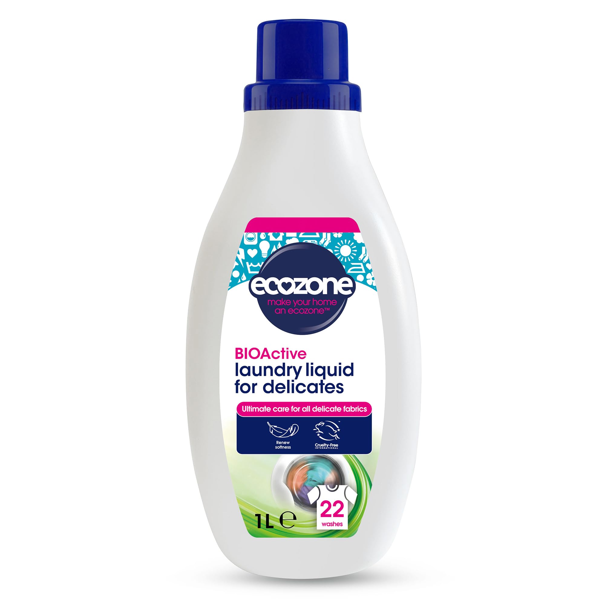 Ecozone BIOActive Laundry Cleaner for Delicates, Gentle Laundry Detergent, Wool Wash Safe & Stain Remover, 22 Washes, Washing Machine & Hand Washing, Eco Conscious Natural Cleaning Products - 1L