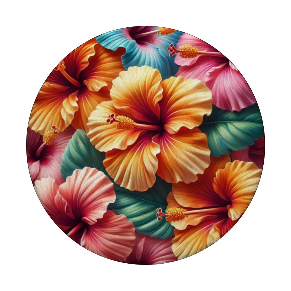 Hawaiian Hibiscus Tropical Flower Pattern, Hibiscus Patterns PopSockets Swappable PopGrip, Black - Image 3