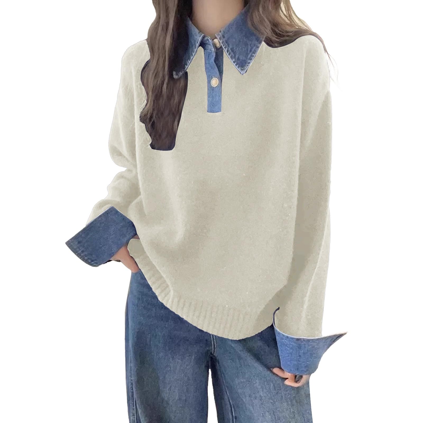 Womens Oversized Sweater Cozy Chunky Long Sleeve Mock Turtleneck V Neck Button Down Denim Polo Pullover Tunic Sweaters