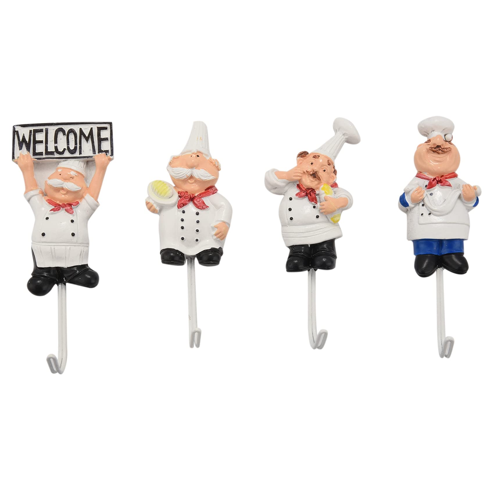 CTRLZS Pack of 4 Resin French Chef Figurine Wall Hooks Decorative Cook Wall Mount Rack Hook Hanger(Assorted Style)