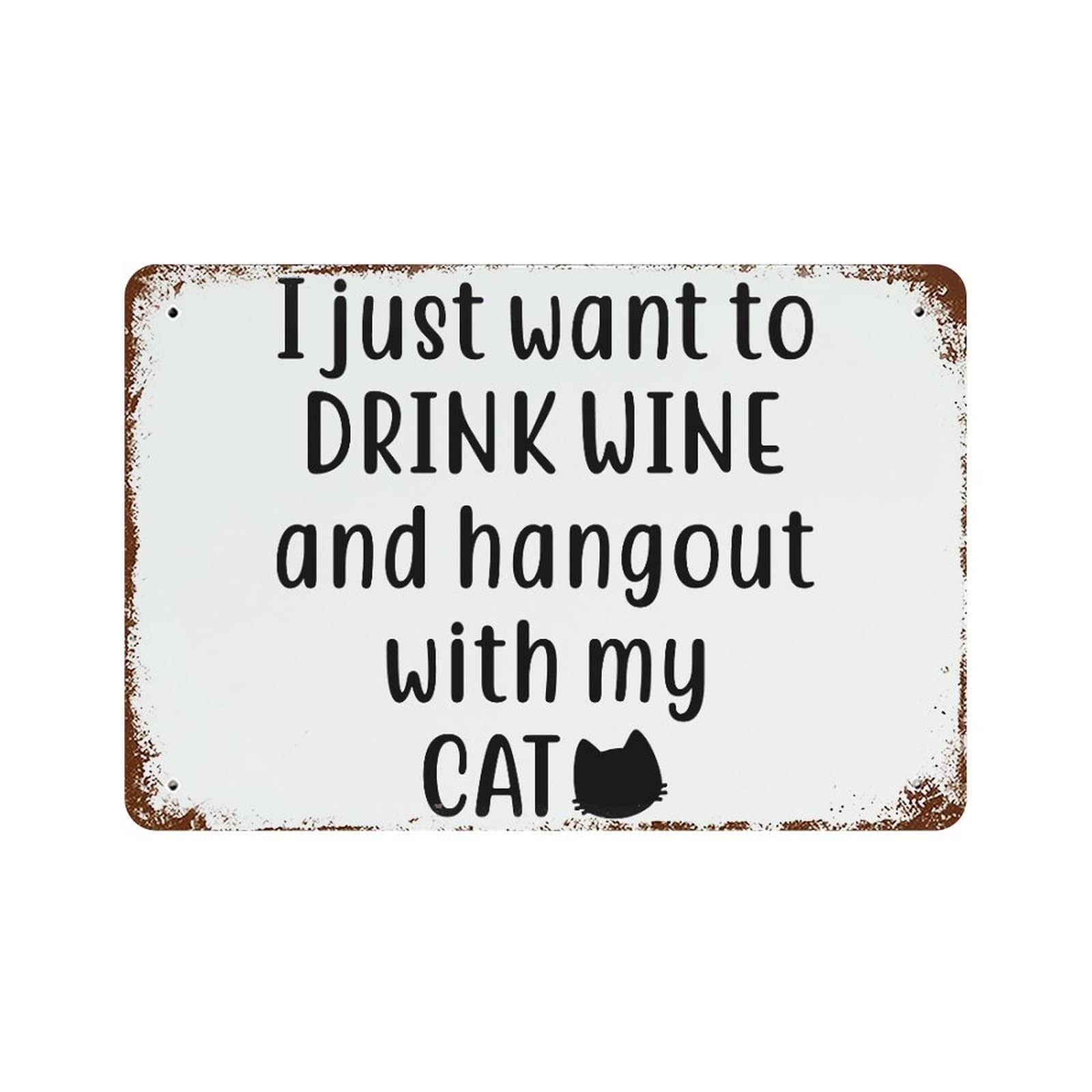 Cartel de aluminio con frase de gato y vino para decorar salones modernos