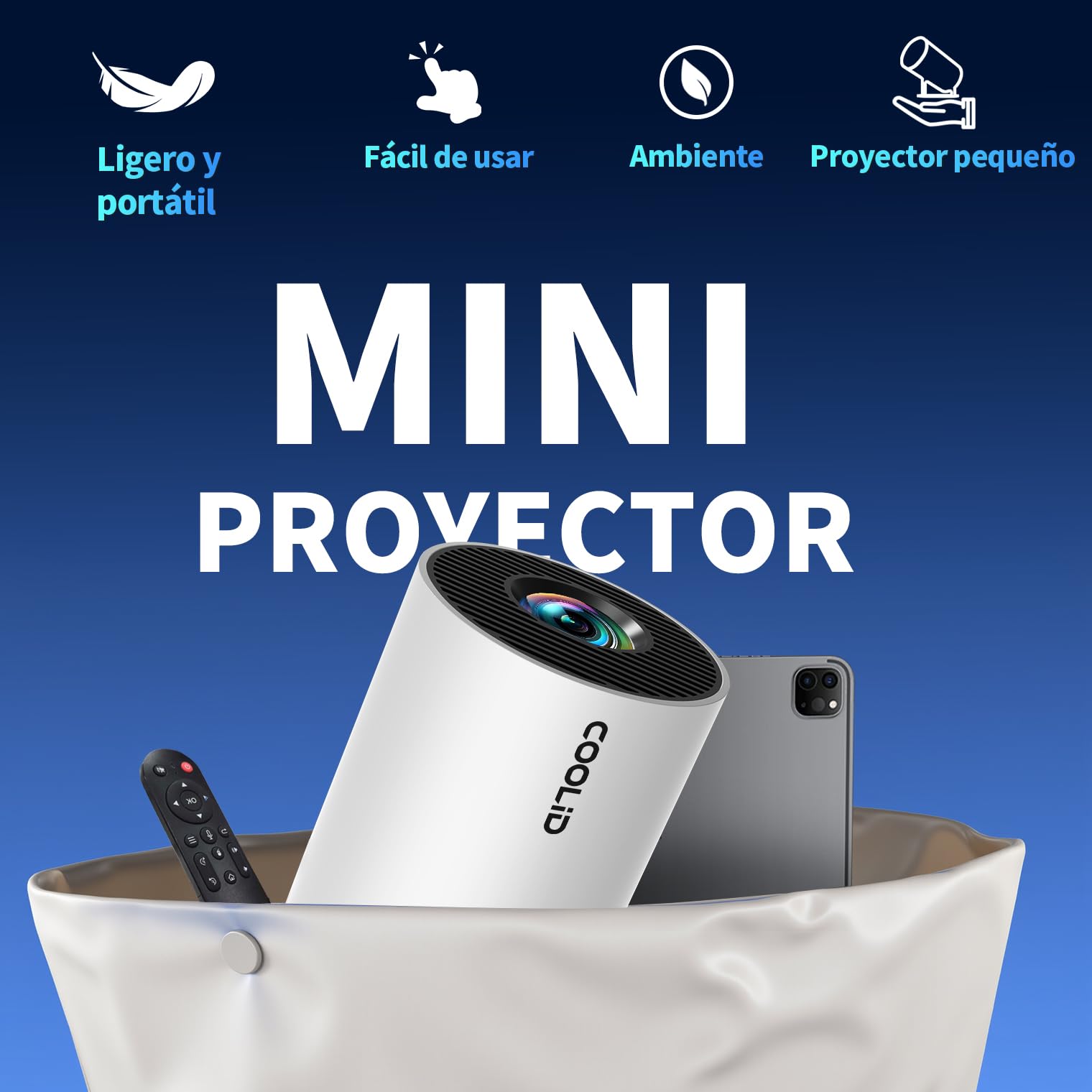 [2026 App Integrada] Mini Proyector 4K Support 1080p con WiFi 6 y Bluetooth 5.2 Proyector portátil con Enfoque automático y corrección Trapezoidal Compatibile con TV Stick/USB/PS5/Laptop,Blanco